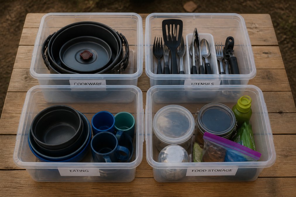 Overhead view of camping kitchen items meticulously organized in separate clear containers on a wooden table: cookware bin showing stacked pots and pans, utensil container with spatulas and tongs neatly arranged, eating dishes and cups in another container, food storage items in a fourth bin, each container clearly labeled with white tape