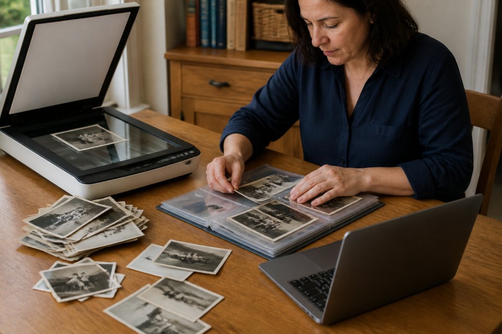 Step-by-step process for scanning, labeling, and backing up vintage black-and-white family photographs