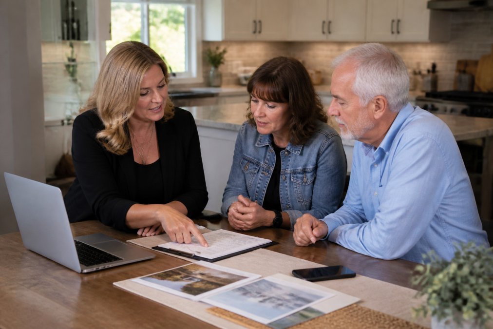 Real estate agent helping out of state home buyers review property documents and virtual listing data