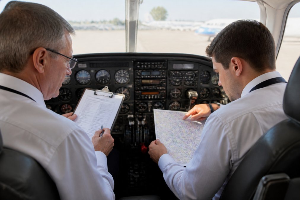 Professional aviation examiner and candidate in cockpit environment during FAA practical evaluation, with examiner reviewing checklist while candidate demonstrates flight planning procedures on navigation chart