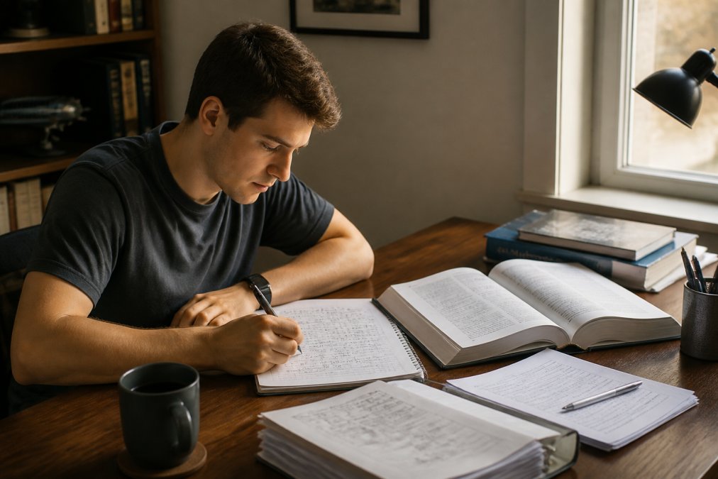 Focused aviation student studying at desk with open textbooks, FAA study materials, and handwritten notes, sitting calmly with coffee in natural window lighting, demonstrating concentrated preparation