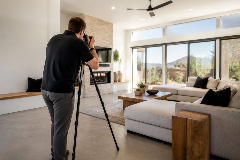 A photographer setting up a tripod with a wide-angle camera in a bright, small living room of a modern desert home, with natural light streaming through large windows