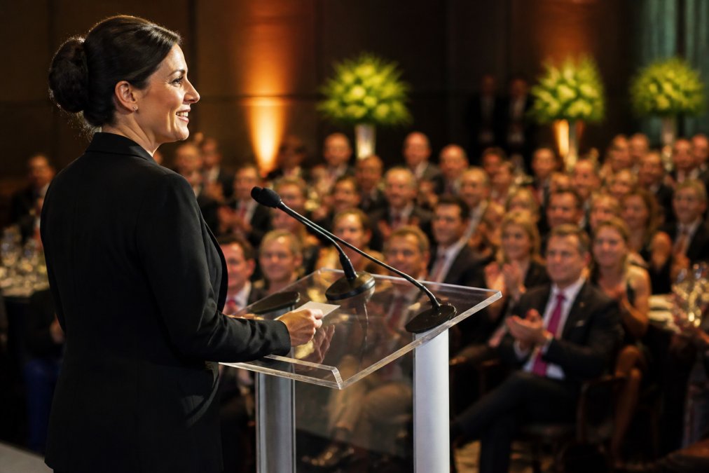 Professional emcee speaking at a podium during a corporate awards ceremony with audience members applauding in the background, stage lighting illuminating the speaker, formal business attire visible in seated attendees