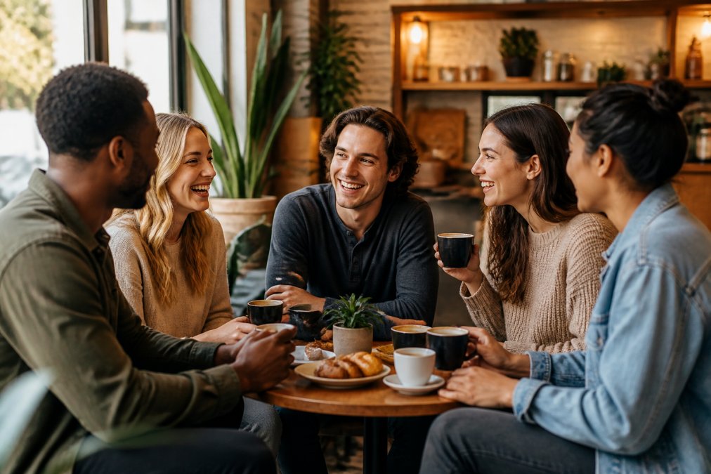 A group of friends gathered around a small table with coffee cups and pastries, smiling and conversing in an intimate cafe setting with warm natural lighting