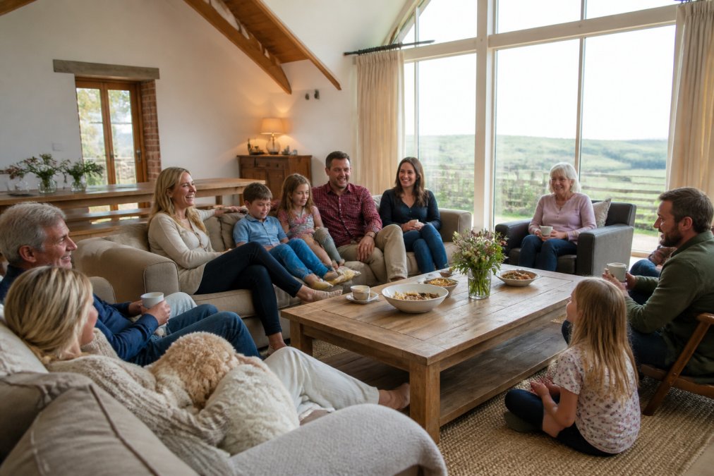 Multi-generational family group relaxing together in a spacious, light-filled living room with countryside views, adults and children comfortably spread out on sofas and chairs