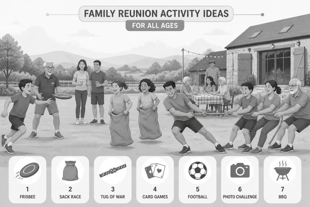 Family members of different ages gathered outdoors playing games together, showing genuine interaction and enjoyment in natural daylight
