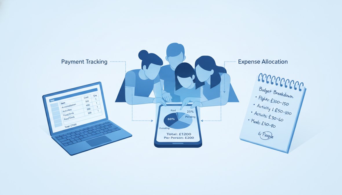 Group of friends reviewing payment details on a smartphone with a laptop and notepad showing budget calculations nearby