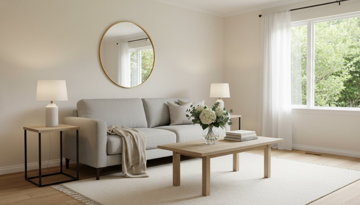 A bright, clean, neutrally decorated living room staged for a home showing, with minimal furniture, fresh flowers on a coffee table, and natural light streaming through open curtains