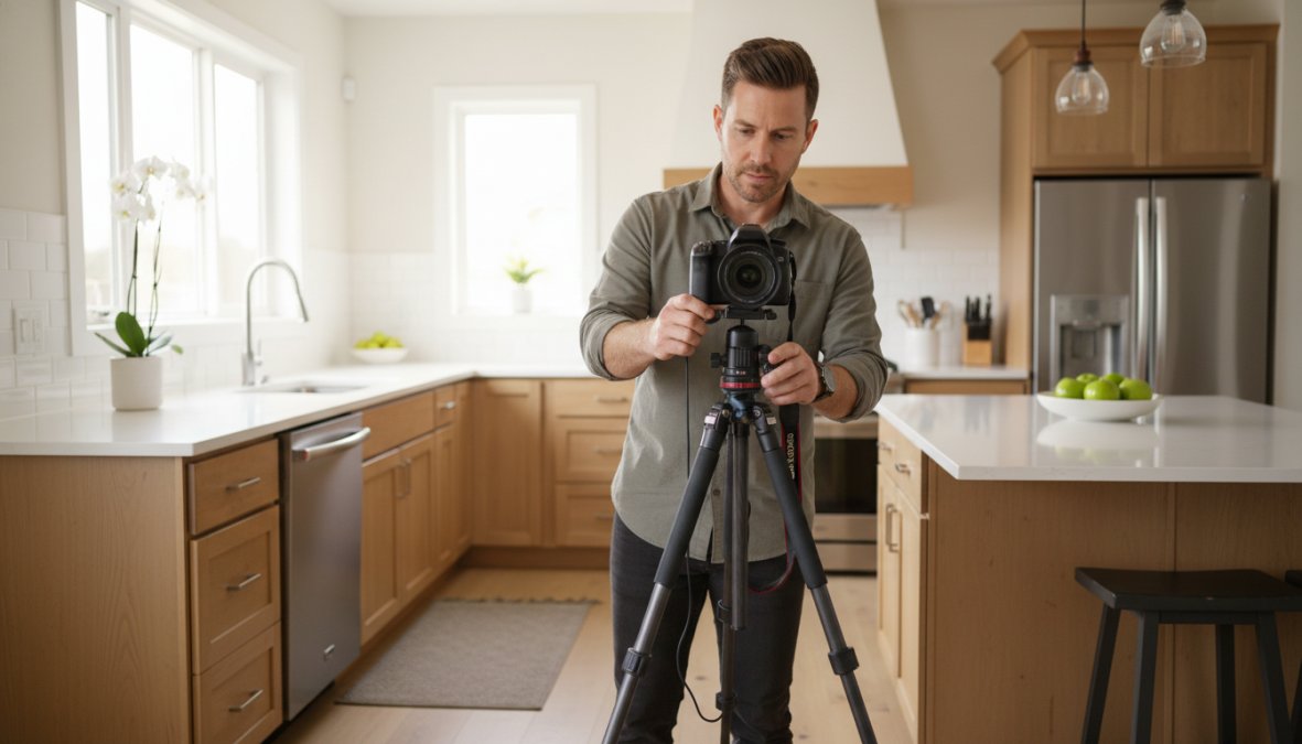A professional real estate photographer setting up a camera on a tripod in a well-lit, staged kitchen, capturing listing photos for an MLS upload, with soft natural light from a large window illuminating the countertops