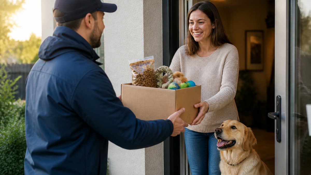 Delivery driver handing a cardboard box of pet supplies to a resident with an excited dog at the front door