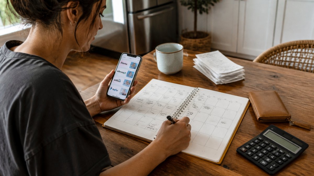 A woman at a kitchen table with a notebook and smartphone, writing out a monthly payment calendar with several shopping app screens visible on the phone