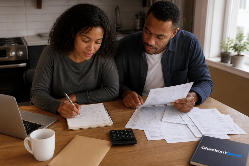 A couple sitting at a kitchen table together, reviewing monthly bills and a handwritten notebook with budget figures, a laptop open beside them under warm overhead lighting