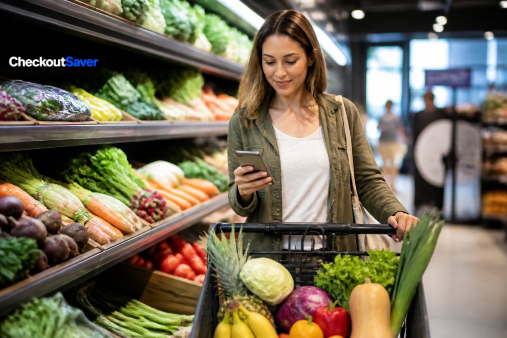 A person reviewing a grocery list on their smartphone while standing in a bright supermarket produce aisle, a cart filled with fresh vegetables and fruits beside them