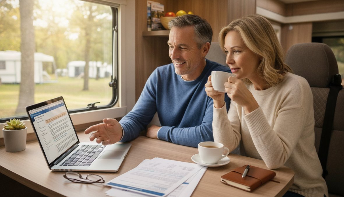 A smiling couple sitting at a kitchen table inside a motorhome, reviewing insurance documents on a laptop with coffee nearby, bright natural light coming through the window