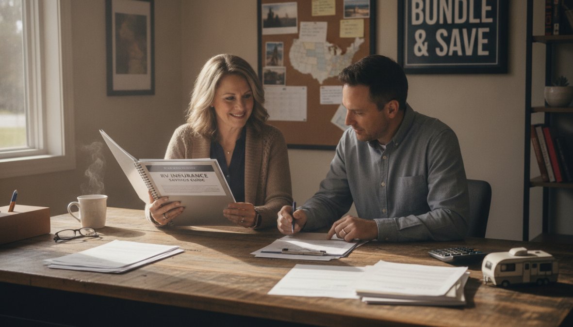 A friendly insurance agent in a professional office setting shaking hands with a customer across a desk, papers and a computer visible, warm and welcoming atmosphere