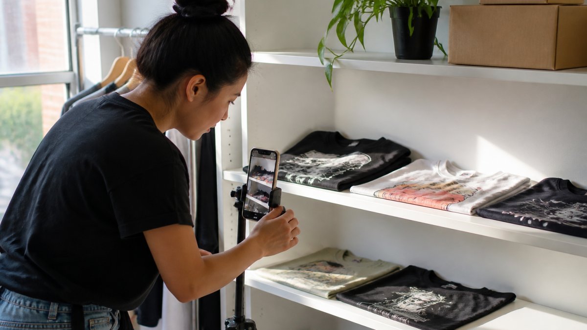 Content creator photographing custom graphic tees laid out on a minimalist white shelf with natural window light, smartphone mounted on small tripod capturing product details