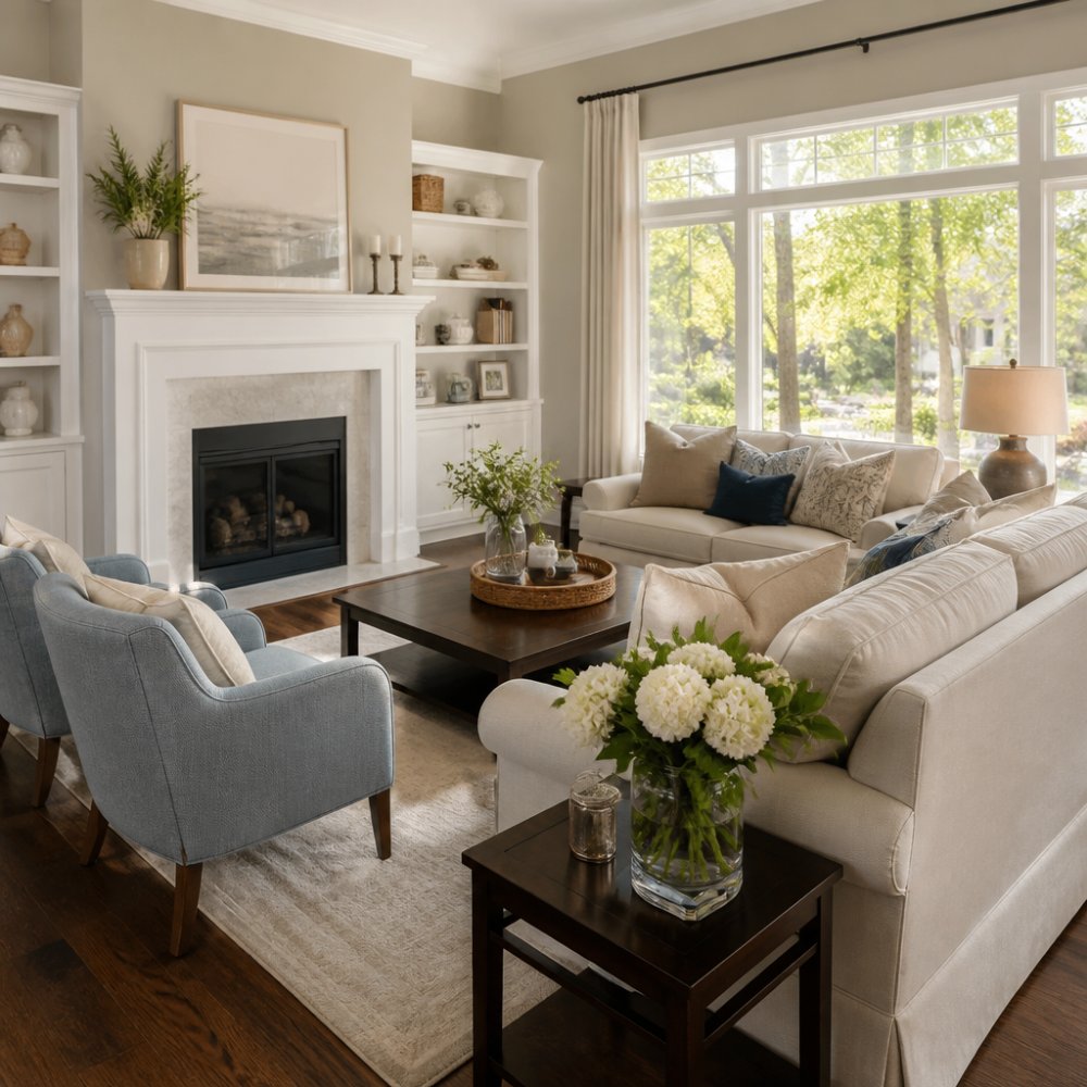 Bright, well-staged living room with neutral furniture, fresh flowers on a side table, and natural light streaming through large windows