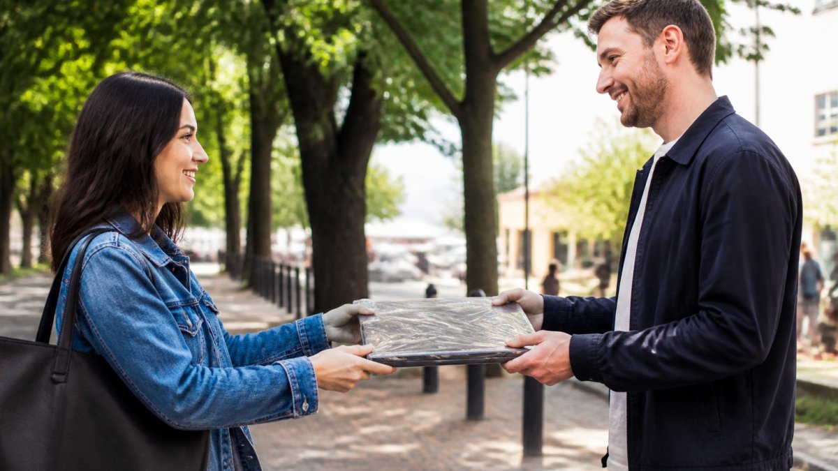 Two people safely meeting in a public outdoor space while selling items locally to a buyer during the daytime.