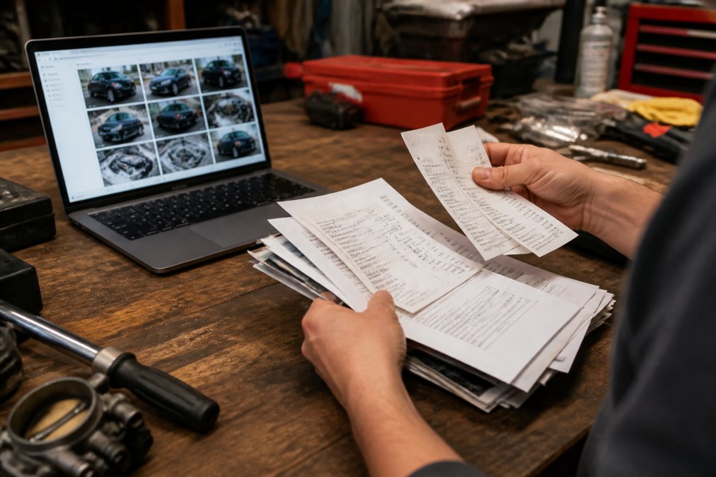 Hands organizing printed receipts and maintenance records on a wooden workbench next to a laptop displaying a digital build profile with modification photos and specifications