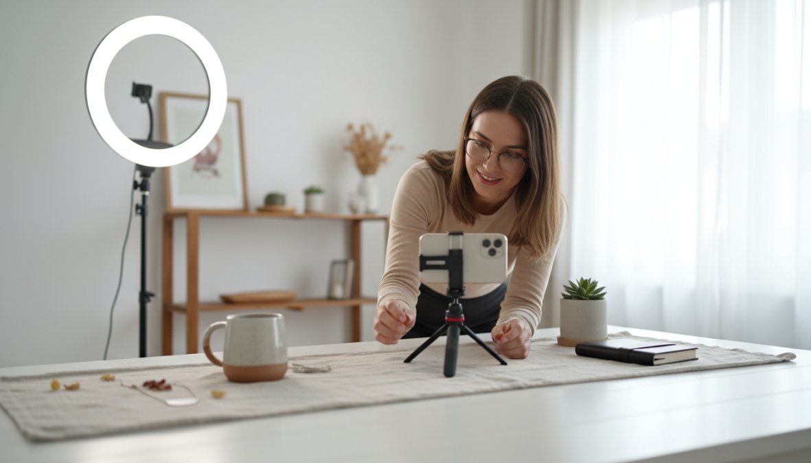 A lifestyle entrepreneur photographing a product flat lay on a white table with a smartphone propped on a stand, ring light positioned to the left casting even soft light, bright modern home studio setting with clean white walls