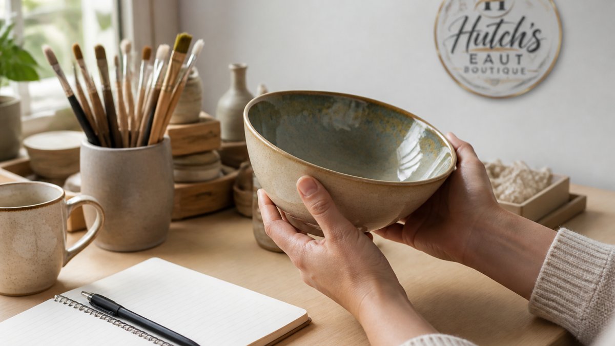 Close-up of hands carefully examining a handcrafted ceramic bowl, inspecting the glaze finish and weight, with soft natural light highlighting surface details and craftsmanship