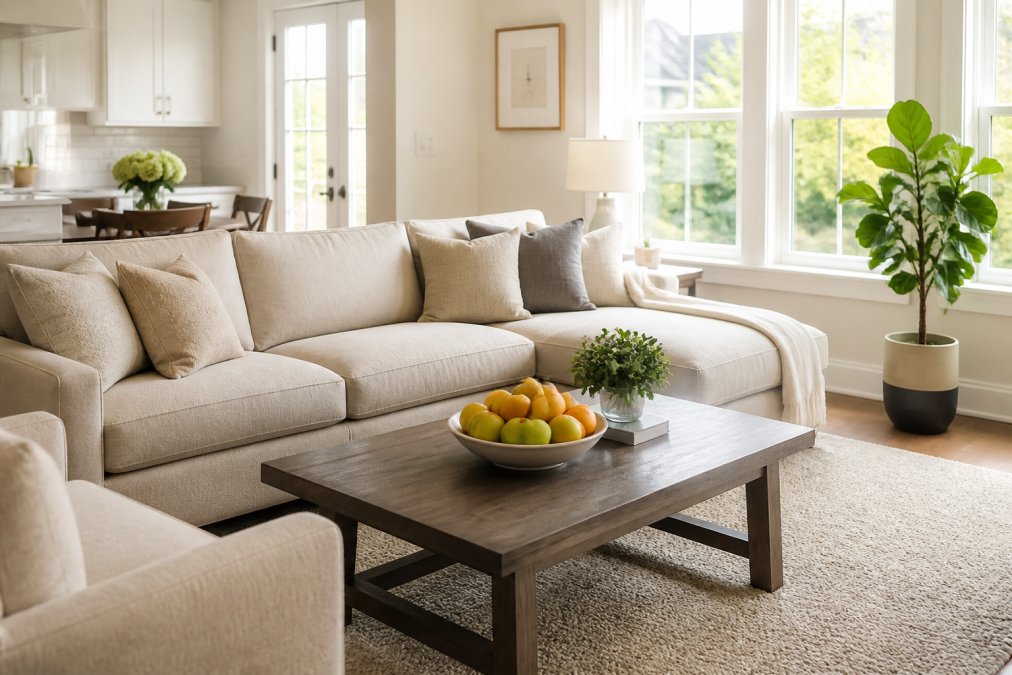 A bright, spotless living room with neutral decor, sunlight streaming through windows, and a bowl of fresh fruit on the coffee table