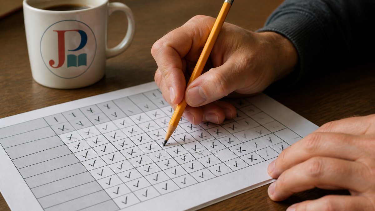 Close-up of a person's hands marking a logic grid puzzle with a pencil, showing a grid filled with checkmarks and X marks on a wooden table, with a cup of coffee nearby