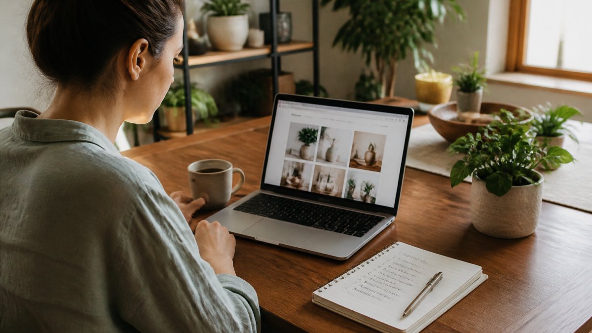 A woman sitting at a wooden dining table with a laptop, a notepad with handwritten budget notes, and a coffee mug, browsing an online home decor store in a bright, plant-filled room