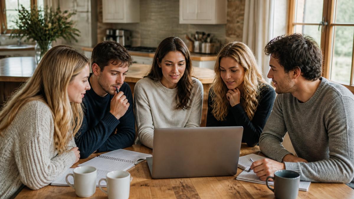 Group of friends gathered around a laptop at a kitchen table, reviewing holiday plans and spreadsheet together with notebooks and pens nearby, natural daylight from window
