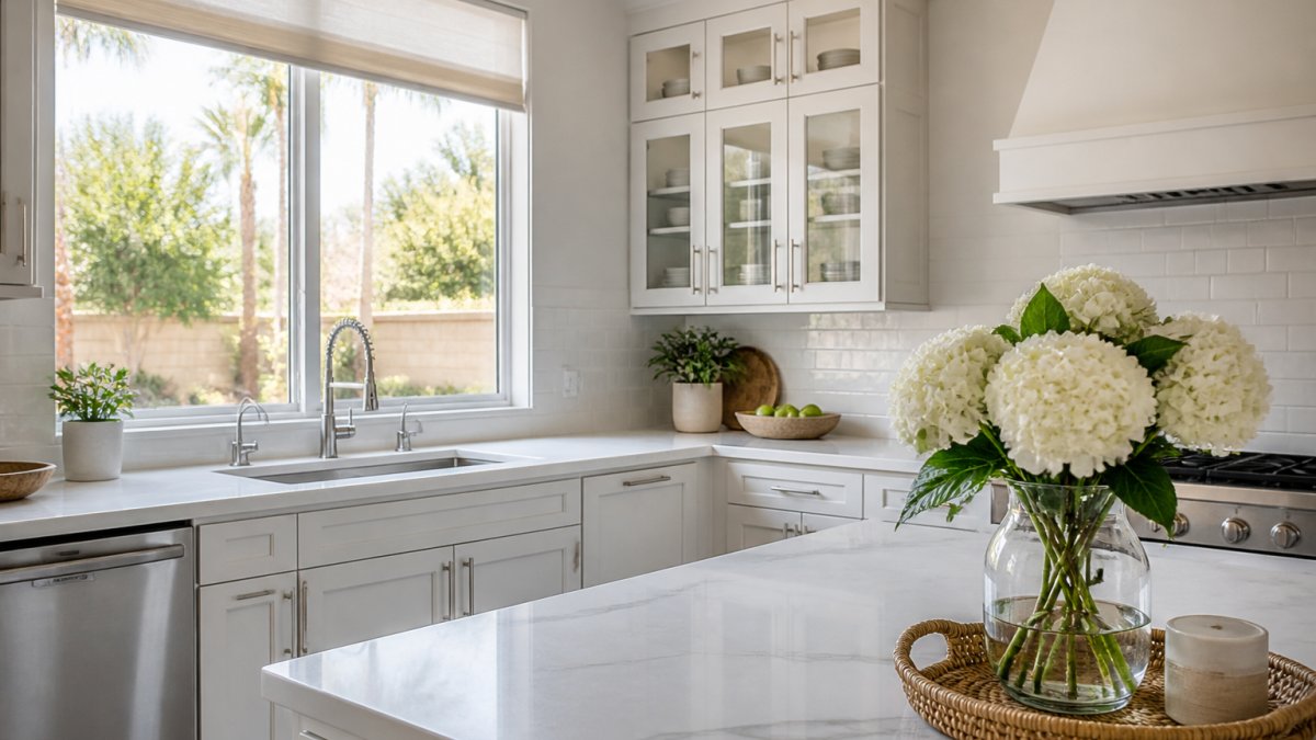 Professional staging showing bright kitchen with clear countertops, open window coverings letting in natural light, neutral decor, and fresh flowers on the counter