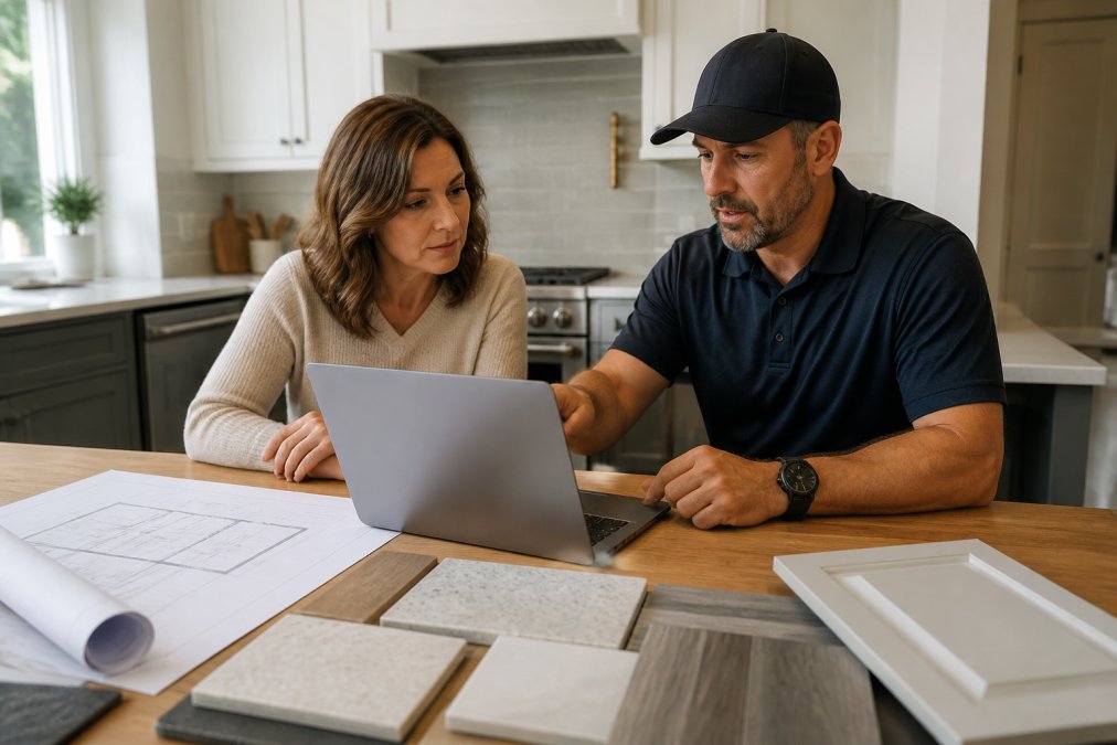 A homeowner and a contractor reviewing a detailed renovation budget spreadsheet on a laptop at a kitchen table, with blueprints and material samples nearby
