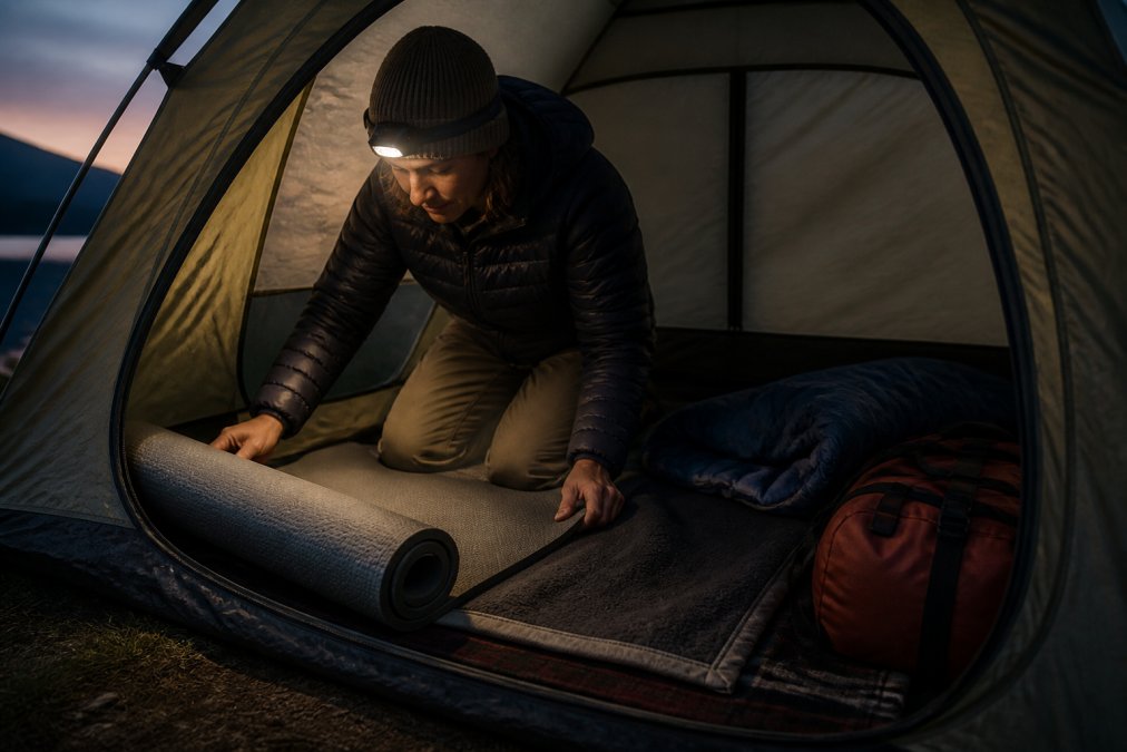 Camper kneeling in a tent at dusk, unrolling a foam mat to assist with staying warm camping while sleeping.