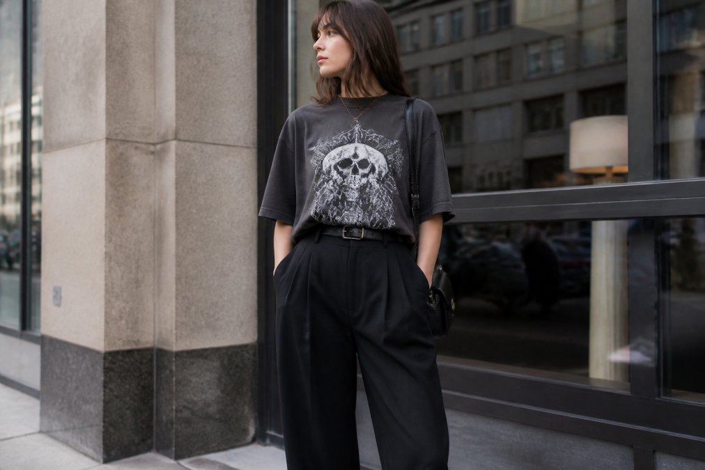 Diagram illustrating a step-by-step guide on half-tucking an oversized tee into high-waisted trousers for a structured look