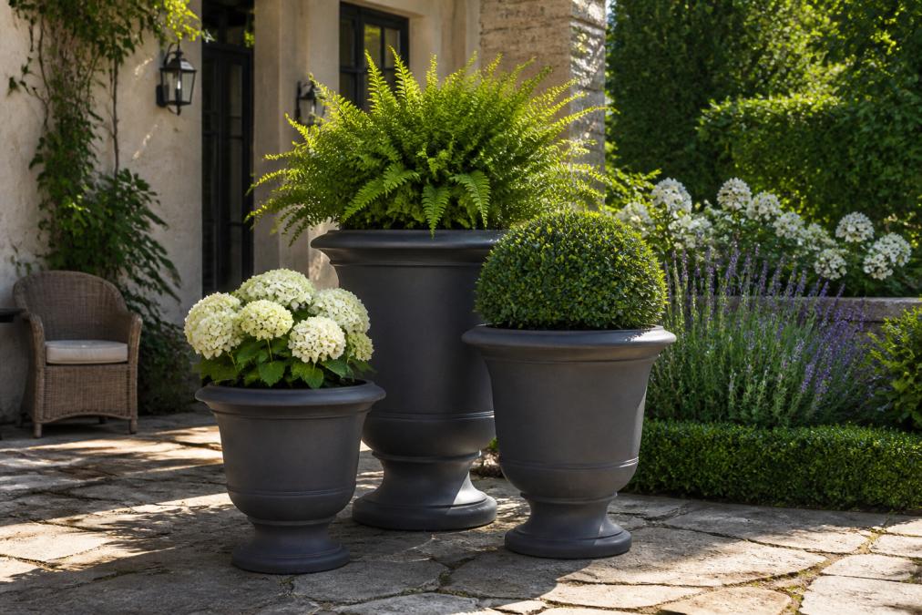 Luxury outdoor patio featuring three large ceramic urns in varying heights arranged in asymmetrical cluster on stone terrace, with lush green foliage and flowering plants surrounding them, soft afternoon sunlight casting long shadows across weathered paving