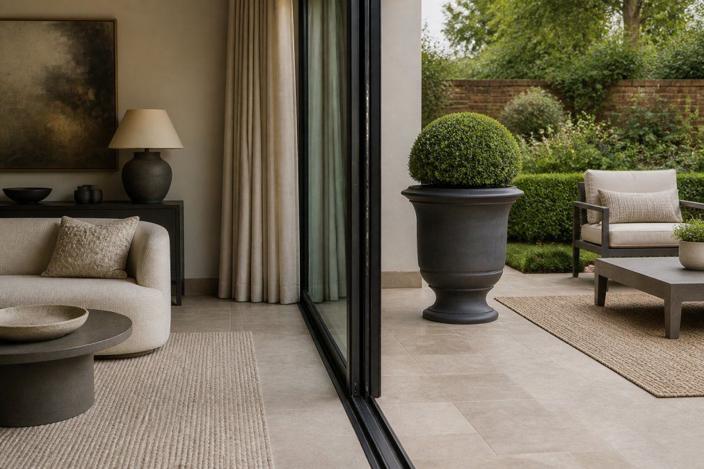 Seamless transition from contemporary interior living room through floor-to-ceiling glass doors to coordinated outdoor terrace, showing matching neutral colour palette in both furnishings and pottery, afternoon light illuminating matching textiles and ceramic vessels