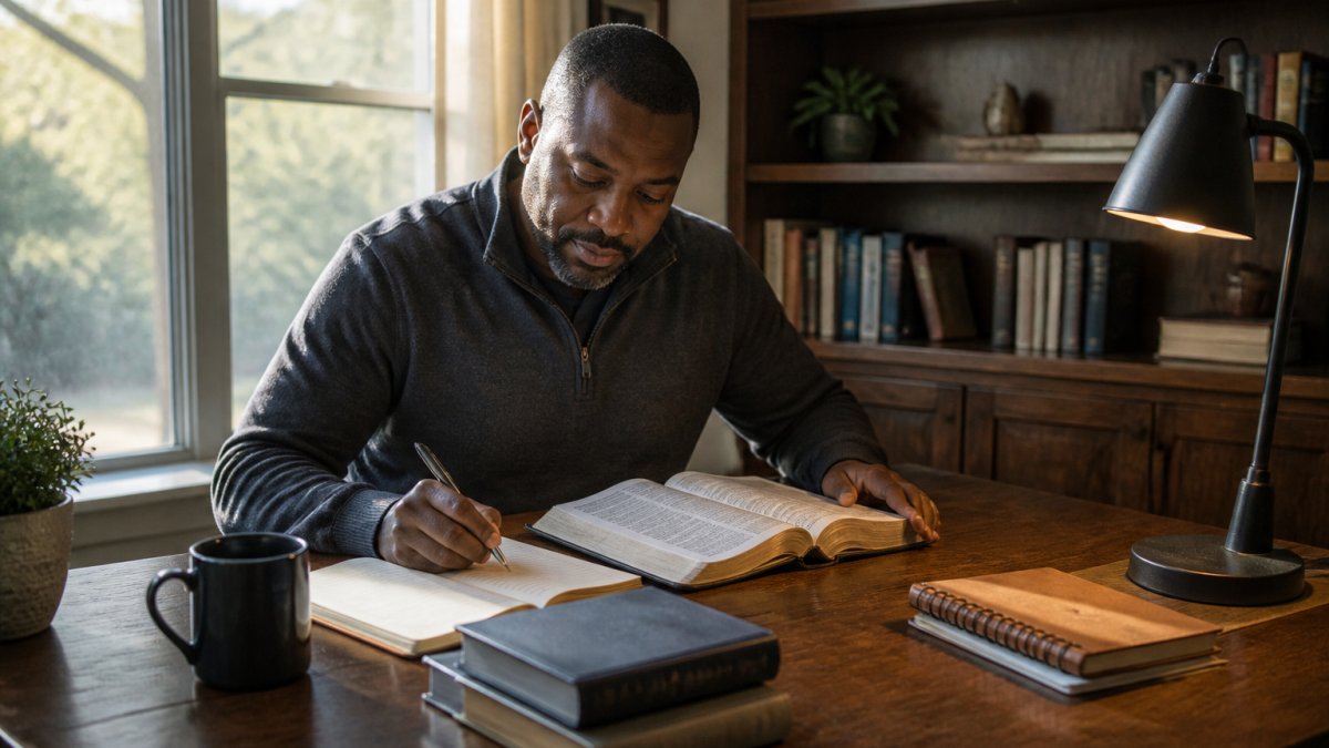 Pastor sitting at a wooden desk with an open Bible, laptop, and study notebook, studying during early morning hours with soft natural light streaming through a window