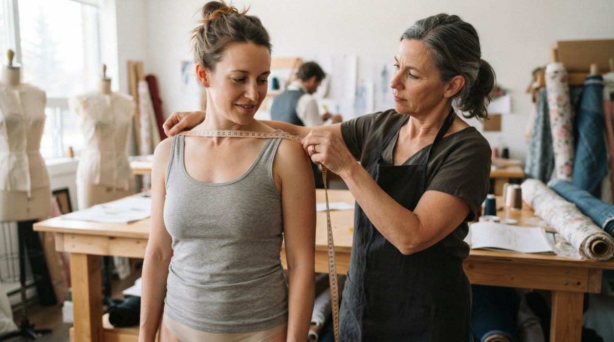 Close-up of a tailor carefully measuring a client's shoulder width and bust using a soft measuring tape, with the client standing relaxed in neutral-coloured undergarments, natural studio lighting