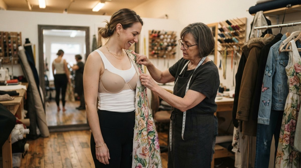 A client standing in a professional fitting room wearing well-fitted neutral undergarments and a simple fitted top, while a tailor adjusts the seams of a custom garment, with soft overhead lighting