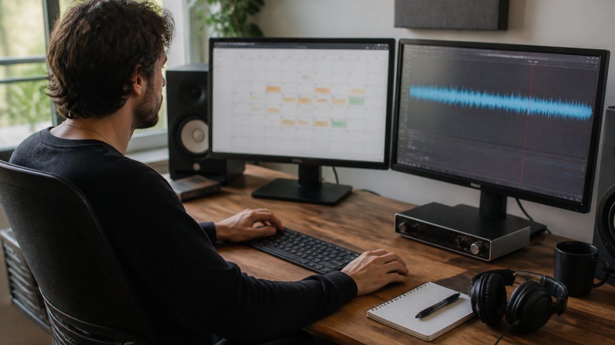 A label manager at a desk with two monitors, one showing a calendar of release dates and the other showing an audio waveform, with headphones and a notepad nearby in a home studio