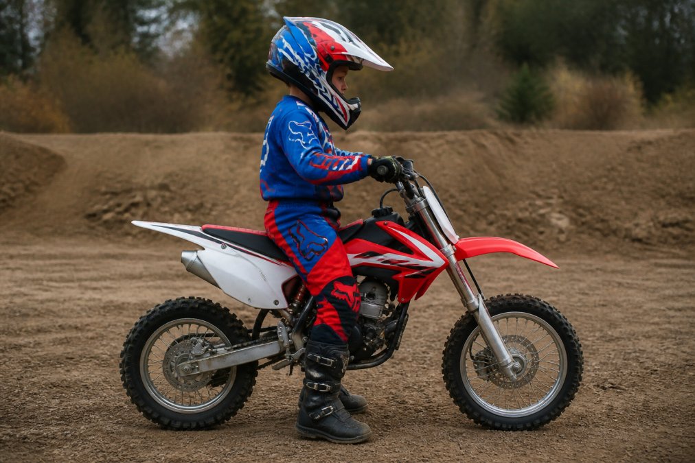 A young child sitting on a 50cc motorcycle with both feet flat on the ground, demonstrating proper seat height adjustment with knees slightly bent, photographed in natural outdoor light