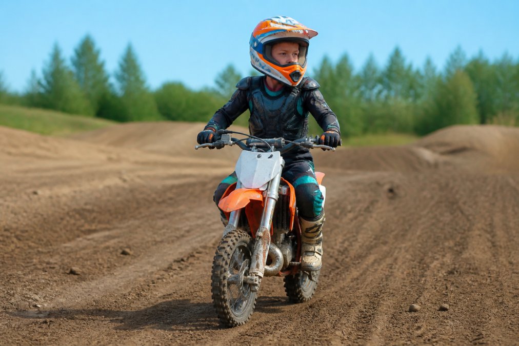 A young rider on a motorcycle looking ahead down the track with proper posture, shoulders relaxed, hands light on the handlebars, and body centered over the seat, photographed in outdoor daylight