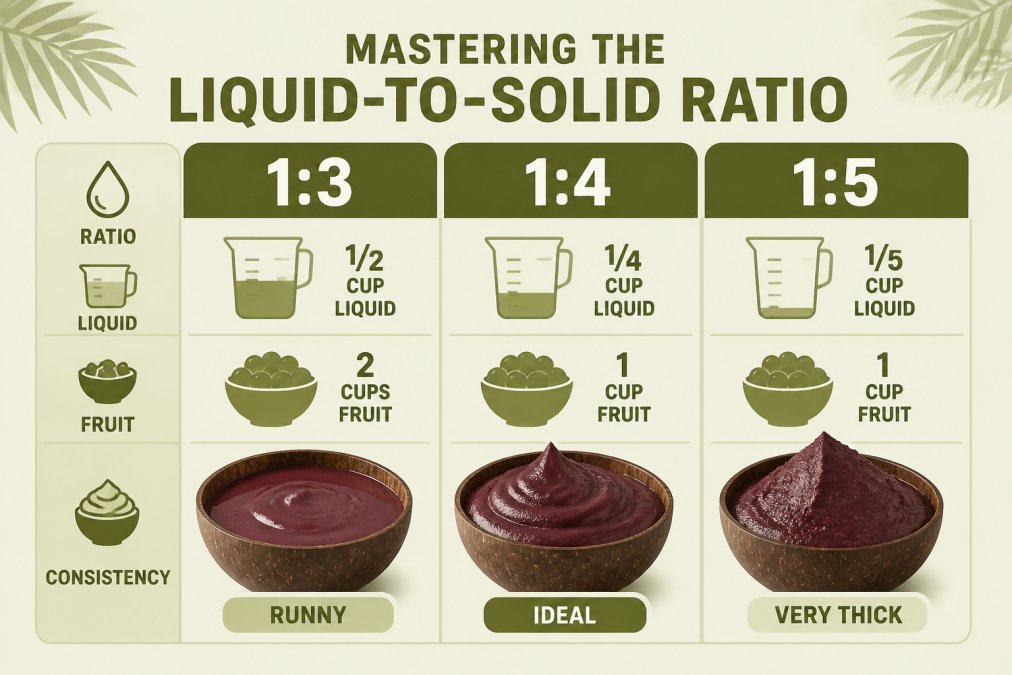 Bar chart comparing three liquid-to-solid ratios with resulting consistency: 1:3 ratio (runny consistency, 1/2 cup liquid to 2 cups fruit), 1:4 ratio (ideal consistency, 1/4 cup liquid to 1 cup fruit), 1:5 ratio (very thick consistency, 1/5 cup liquid to 1 cup fruit)