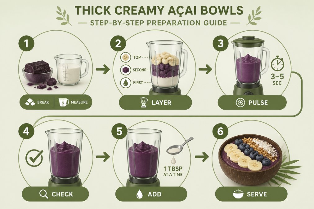 Flowchart showing six-step blending process: Prepare ingredients (break açai, measure liquid) → Layer in blender (liquid first, açai second, soft fruit on top) → Pulse blend 3-5 seconds → Check consistency → Add liquid if needed (1 tablespoon at a time) → Transfer to bowl and serve immediately