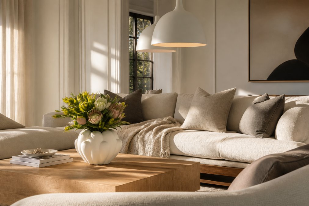 Minimalist living room with carefully layered soft furnishings, a cream linen sofa layered with warm gray and cream textiles, a natural wood coffee table, architectural pendant lighting casting warm shadows, and a single sculptural vase creating visual weight, showing how intentional layering creates spatial balance and lived-in luxury