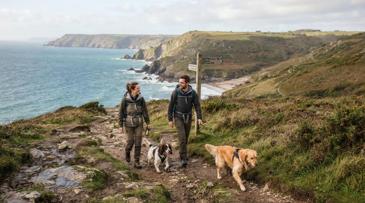 A dog and owner walking together along a scenic coastal path in Devon with dramatic cliffs and sea views in the background on a clear day, golden afternoon light