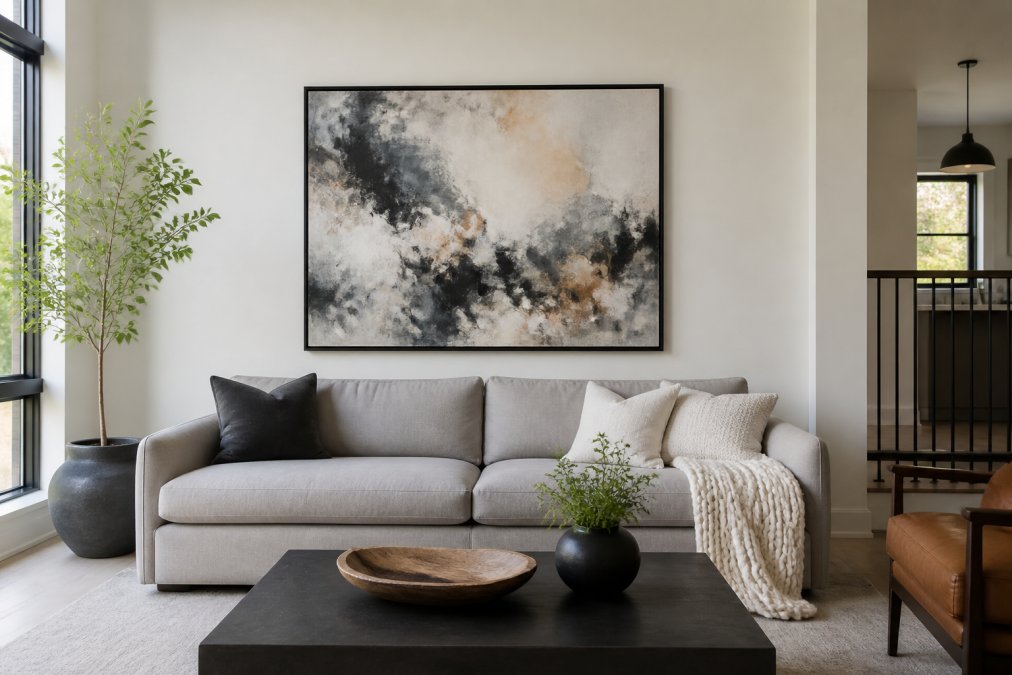 Modern living room with abstract painting hung at eye level above a neutral sofa, showing proper spacing and viewing distance with natural window lighting
