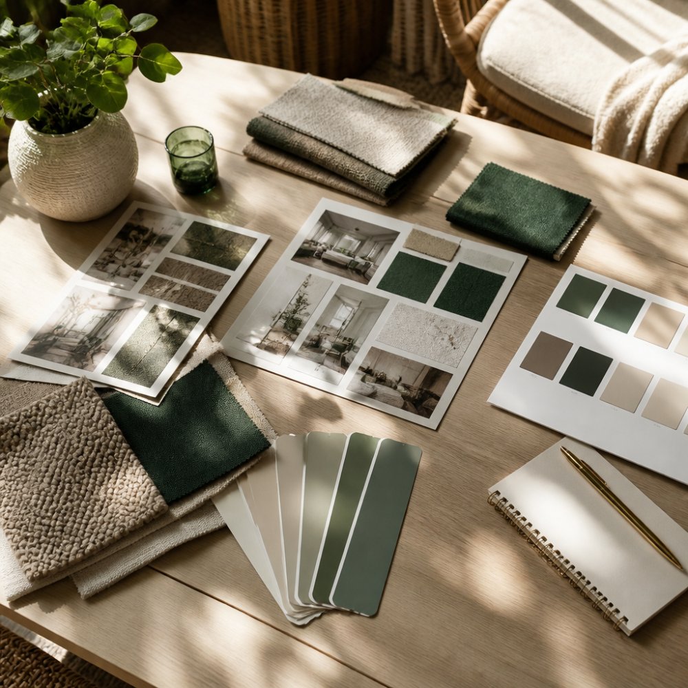Overhead shot of a designer's workspace with printed mood board samples, fabric swatches in warm neutrals and deep greens, colour palette cards, and inspiration photos arranged on a desk with natural daylight streaming across the surface