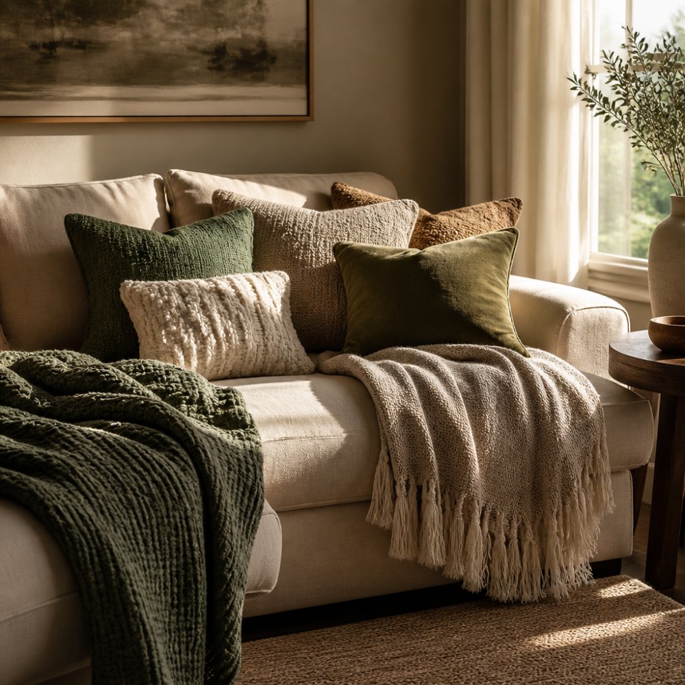 Living room corner with layered textiles including cushions and throws in warm neutrals and deep greens, displaying different textures and weaves, bathed in warm natural daylight streaming through a nearby window