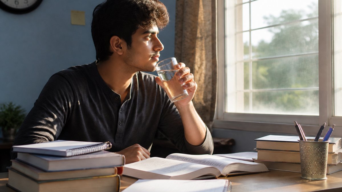 Student at desk in morning sunlight, holding a glass of water, looking alert and focused with textbooks and notes nearby