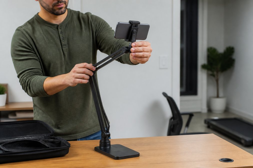 Professional demonstrating tips for walking during video calls with a smartphone mounted on a stabilizer arm at eye level, positioned on a desk setup while engaging in video conference